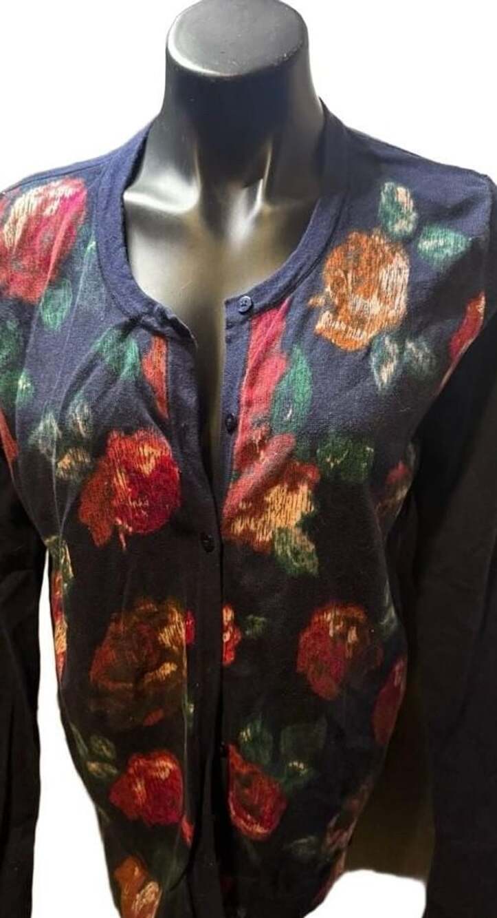 Vintage Floral Cardigan Sweater Navy Blue Multicolor